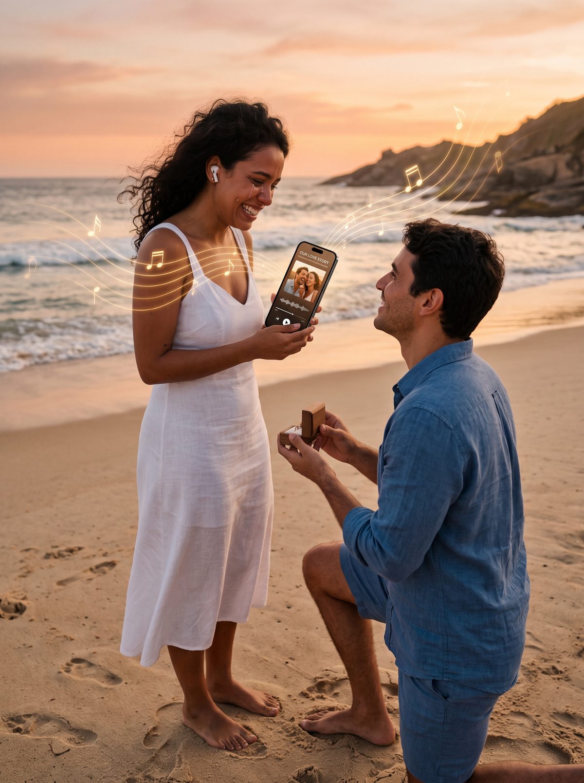 Casal apaixonado na praia ao pôr do sol