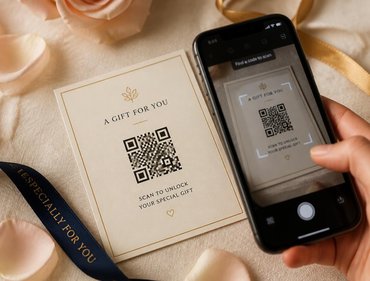 Cartão impresso com QR Code sendo escaneado por um celular para ouvir a música personalizada