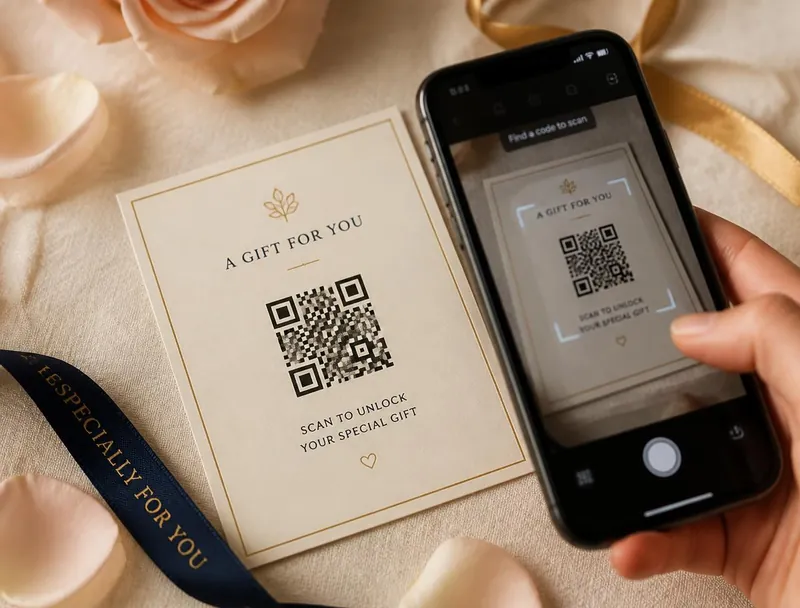 Cartão impresso com QR Code sendo escaneado por um celular para ouvir a música personalizada